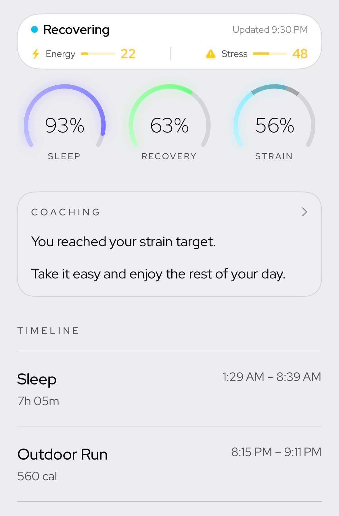 Live view of energy, stress, and strain on the home screen